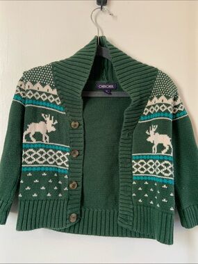 Cherokee Forest Green Shawl-Collar Moose Cardigan with Cream Accents